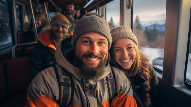 Generative AI illustration of smiling man and woman inside a vehicle dressed in winter sportswear with a scenic snowy landscape outside the window