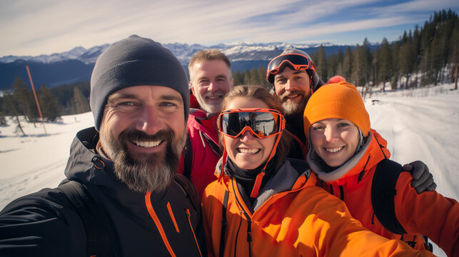 Generative AI illustration of smiling group of friends looking at camera while hiking in a snowy mountain landscape in sunlight