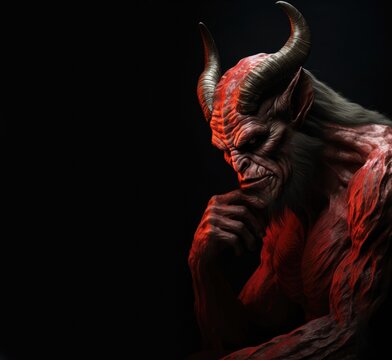 Red devil, demon, Satan, belzebu. Black background. Sharp horns. Halloween concept. Hell, evil, bad. Pensive thinking devil. sharp curly horns. strong muscles. red lighting. profile angle side view.