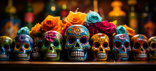 Time Honored Day of the Dead Festivities, Day of the Dead skulls. Dia de los Muertos. Day of the Dead and Mexican Halloween background. Mexican tradition festival. Day of the dead sugar skull