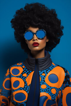 Fashion-forward woman with voluminous afro hairstyle poses against a vivid blue backdrop, donning unique blue sunglasses and a multicolored geometric-patterned jacket. Generative AI.