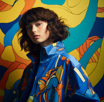 Elegant young woman with wavy brown hair poses against a vibrant multicolored abstract background, exuding modern fashion and artistic charm. Generative AI.