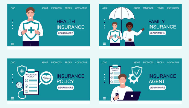 Health insurance web banner or landing page.Big set.Big collection.Health insurance, family insurance, insurance agent,insurance policy.Concept of medicine and health care. Vector illustration.