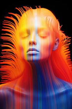 Vibrant visualization of a woman's face surrounded by multicolored spikes emanating outward. The dynamic interplay of colors creates a pulsating rhythm, reminiscent of a song's energy. Generative AI.