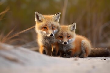 Fototapeta premium Wild baby red foxes cuddling at the beach.