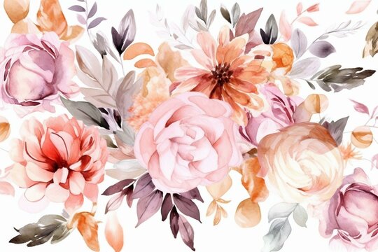 Floral watercolor pattern with pink & peach cream flowers and leaves on white background, ideal for various designs. Generative AI