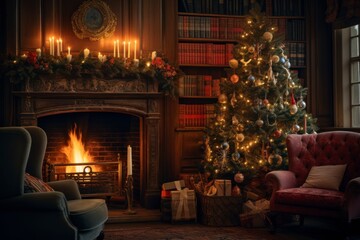 A cozy living room adorned with twinkling lights, a beautifully decorated Christmas tree, and a crackling fireplace, exuding the warm and festive atmosphere of a traditional Christmas Eve