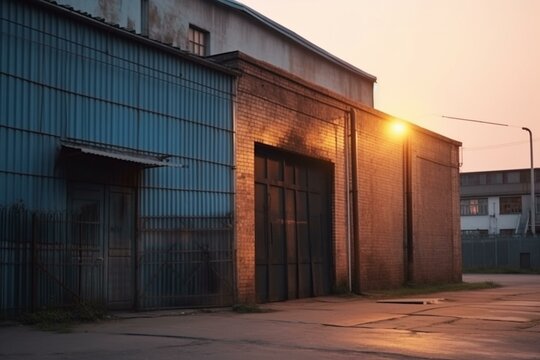 Evening facade of an industrial warehouse with an open gate in the city's industrial district. Generative AI