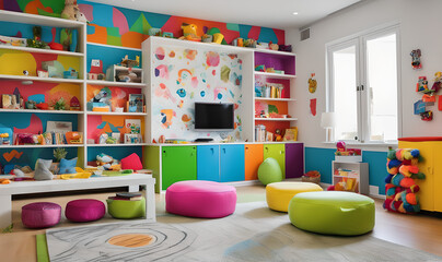 Lively and Energetic Children's Playroom with Colorful Wall Decals, Bean Bags, and Shelves