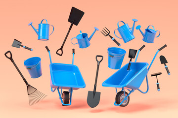 Garden wheelbarrow with garden tools like shovel, rake and fork on orange