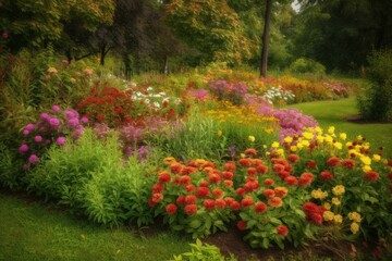 A blooming garden with abundant flowers and lush green grass. Generative AI