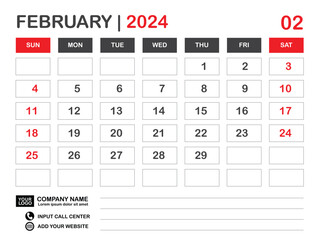 Calendar 2024 template, February 2024 layout, Desk calendar 2024 year, Wall calendar design, Week starts on sunday, Planner, Printing media, poster, organizer, advertisement, Red background, vector