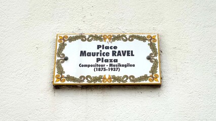 Maurice Ravel square bilingual french and basque sign in Saint-Jean-de-Luz, France