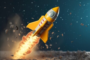 Toy rocket takes off business and finances success concept. - obrazy, fototapety, plakaty