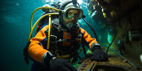portrait of Commercial Diver, who Works below surface of water, using scuba gear to inspect, repair, remove, or install equipment and structures, - obrazy, fototapety, plakaty
