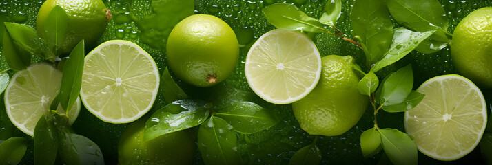 un arrière-plan rempli de citrons verts (lime), de feuilles de menthe et de glace pilée - bannière web - obrazy, fototapety, plakaty