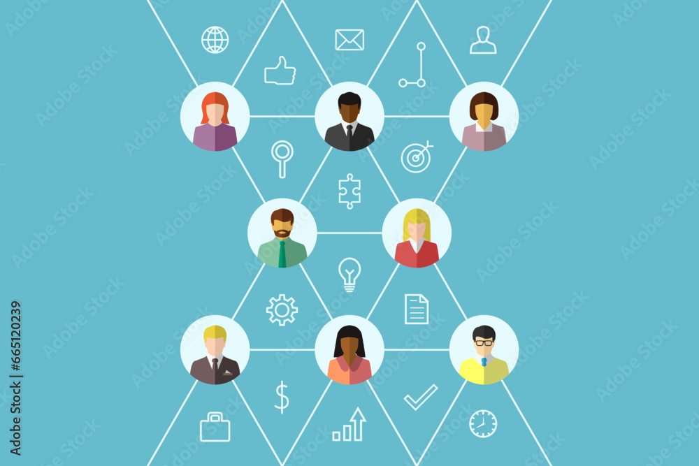 Poster business people and network or teamwork concept with icons. diverse group or team connected by lines
