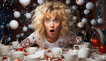 Blonde woman surprised from chaos of New Year party gone awry. - obrazy, fototapety, plakaty