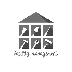 Facility management logo concept. Home, house, building and work tool icon set. Tools and icons in grey color. Vector illustration isolated on white background.