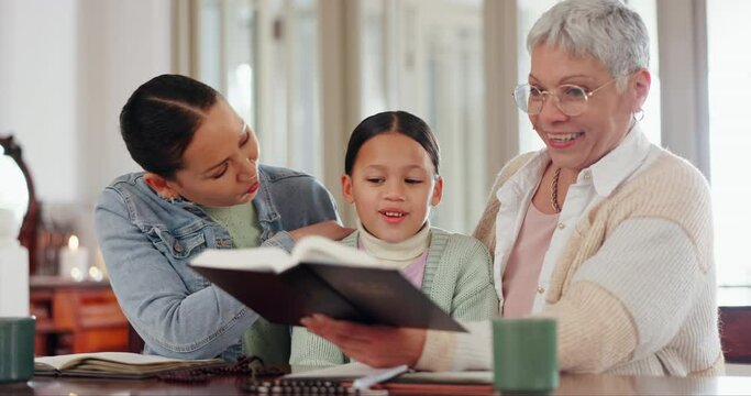 Family, kid and reading Bible for religion, christian education and learning of God with grandmother and mom at home. Senior woman and girl child with holy book, talking of gospel, faith or scripture
