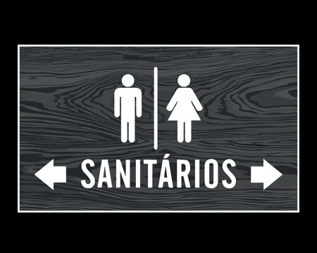 Placa Retângular Sinalização de Sanitários Masculino e Feminino. Arte minimalista com textura de madeira cinza e sinalização em branco.
