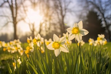 Obraz premium Daffodils in spring backlit by sun.