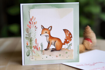 Greeting card on table, copy space. 
