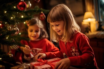 Fototapeta na wymiar An enchanting scene of children eagerly unwrapping their Christmas gifts by the glow of the tree