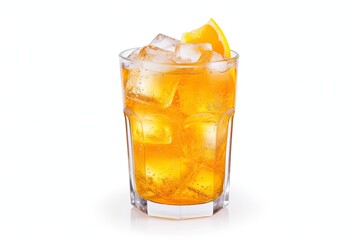 A glass of orange soda water with ice cubes on white background. - obrazy, fototapety, plakaty