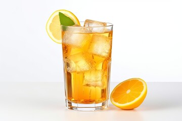 A glass of orange soda water with ice cubes on white background.