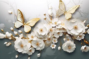Goden butterflies with white flowers. - obrazy, fototapety, plakaty