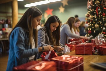 image of a volunteer group wrapping gifts for underprivileged children in a local community center, embodying the spirit of giving and altruism during the Christmas season - obrazy, fototapety, plakaty