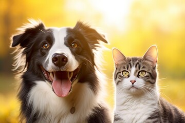 Cat and dog together with happy expressions. AI Generated