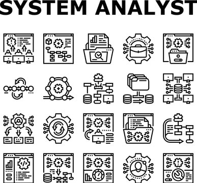 system analyst data icons set vector. analysis business, computer digital, kpi information, management financial, chart system analyst data black contour illustrations