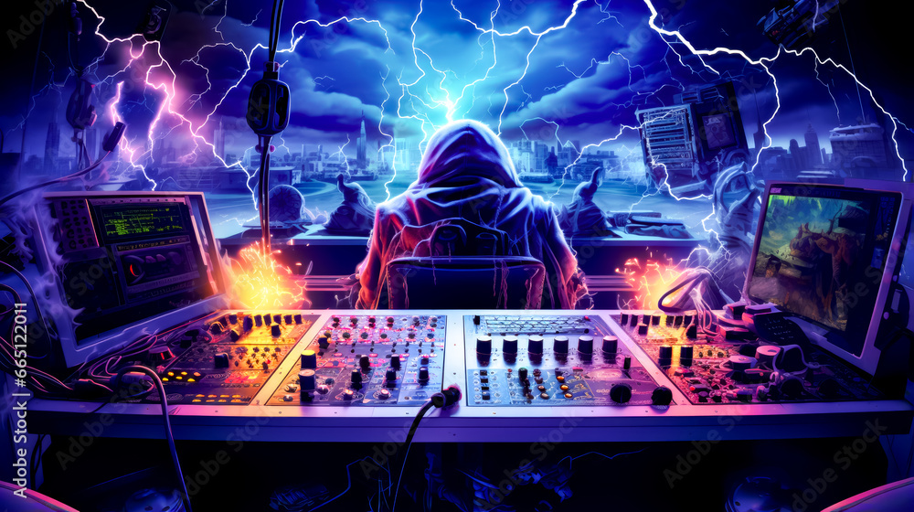 Aufkleber dj mixing in front of large screen with lightning in the background.