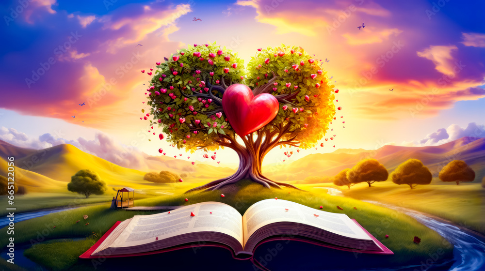 Aufkleber open book with tree shaped like heart on top of it.