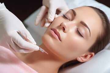 Obraz na płótnie Canvas Beautiful young woman gets beauty facial injections in salon. Young woman skin care, Face aging, Rejuvenation and hydration procedures. Aesthetic cosmetology.