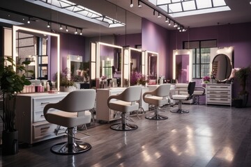 Stylish beauty salon interior. Hairdresser and makeup artist workplaces room.