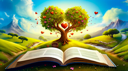 Open book with tree in the middle of it and hearts flying out of it.