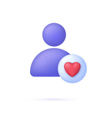 3D Person with heart. User favorite icon. Concept of friendly, assistance, teamwork, consultant, gift, confession.