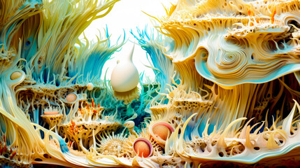 Painting of underwater scene with corals and sponges on the bottom of the image.