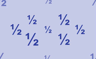 Seamless pattern of large isolated blue half fraction symbols. The pattern is divided by a line of elements of lighter tones. Vector illustration on light blue background