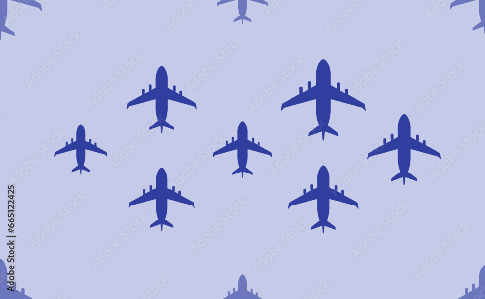 Poster seamless pattern of large isolated blue airplane symbols. the pattern is divided by a line of elemen