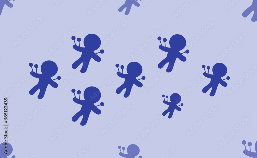 Poster seamless pattern of large isolated blue voodoo doll symbols. the pattern is divided by a line of ele