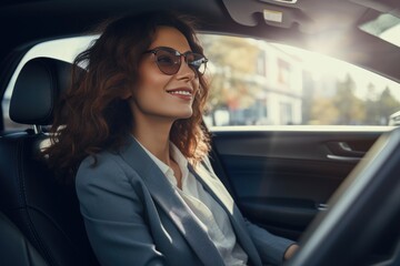 Beautiful businesswoman driving vehicle on the road on a bright day.