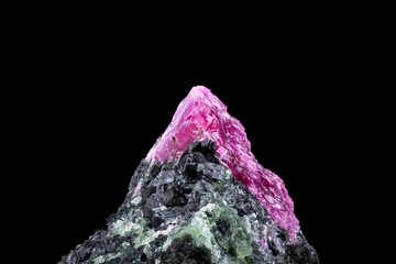 ruby with green zoisite macro detail texture background. close-up raw rough unpolished...