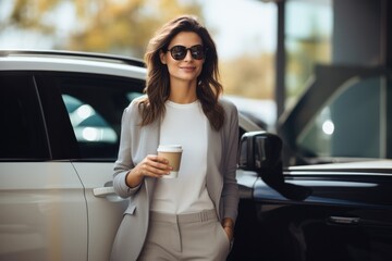 Happy attractive businesswoman wearing eyeglasses holding coffee cup and standing at front her car.