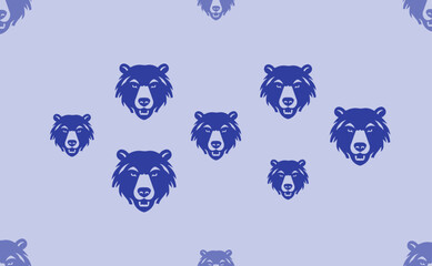 Seamless pattern of large isolated blue bear head symbols. The pattern is divided by a line of elements of lighter tones. Vector illustration on light blue background