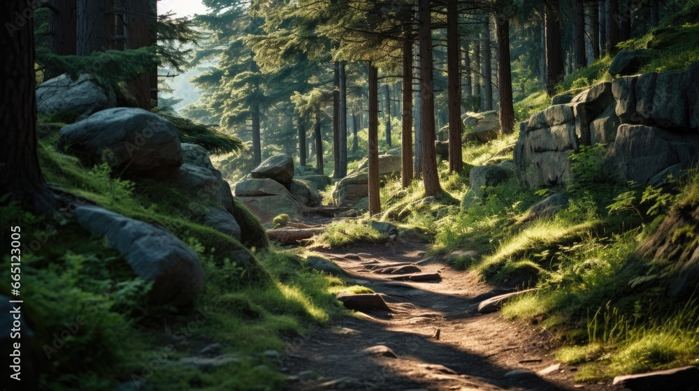 Poster a dirt path in the middle of a forest. generative ai.