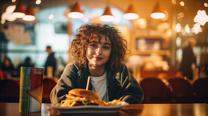 a girl sitting at a table in a vegan hamburger restaurant eating a hamburger and fries